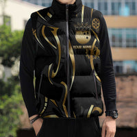 Personalized Golden Tribal Bowling Ball Emblem Sleeveless Puffer Jacket with Black Abstract Metallic Pattern - Wonder Print Shop