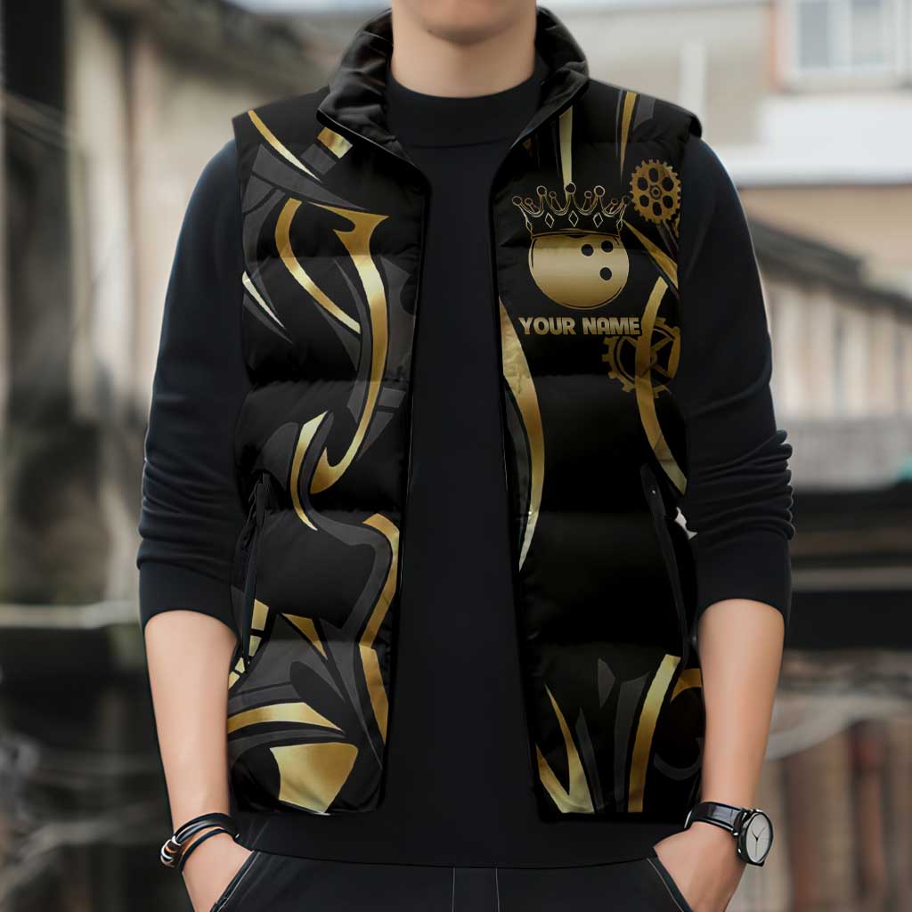 Personalized Golden Tribal Bowling Ball Emblem Sleeveless Puffer Jacket with Black Abstract Metallic Pattern - Wonder Print Shop