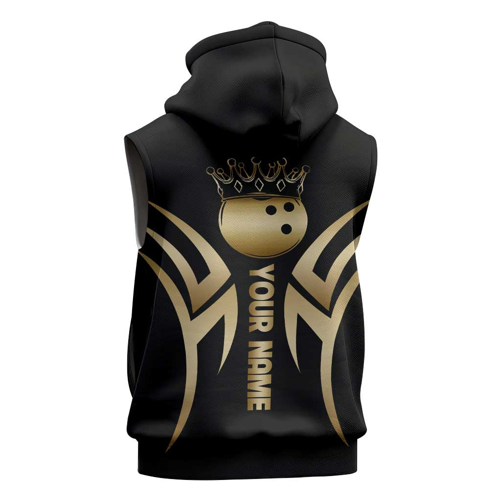 Personalized Golden Tribal Bowling Ball Emblem Sleeveless Zip Hoodie with Black Abstract Metallic Pattern - Wonder Print Shop
