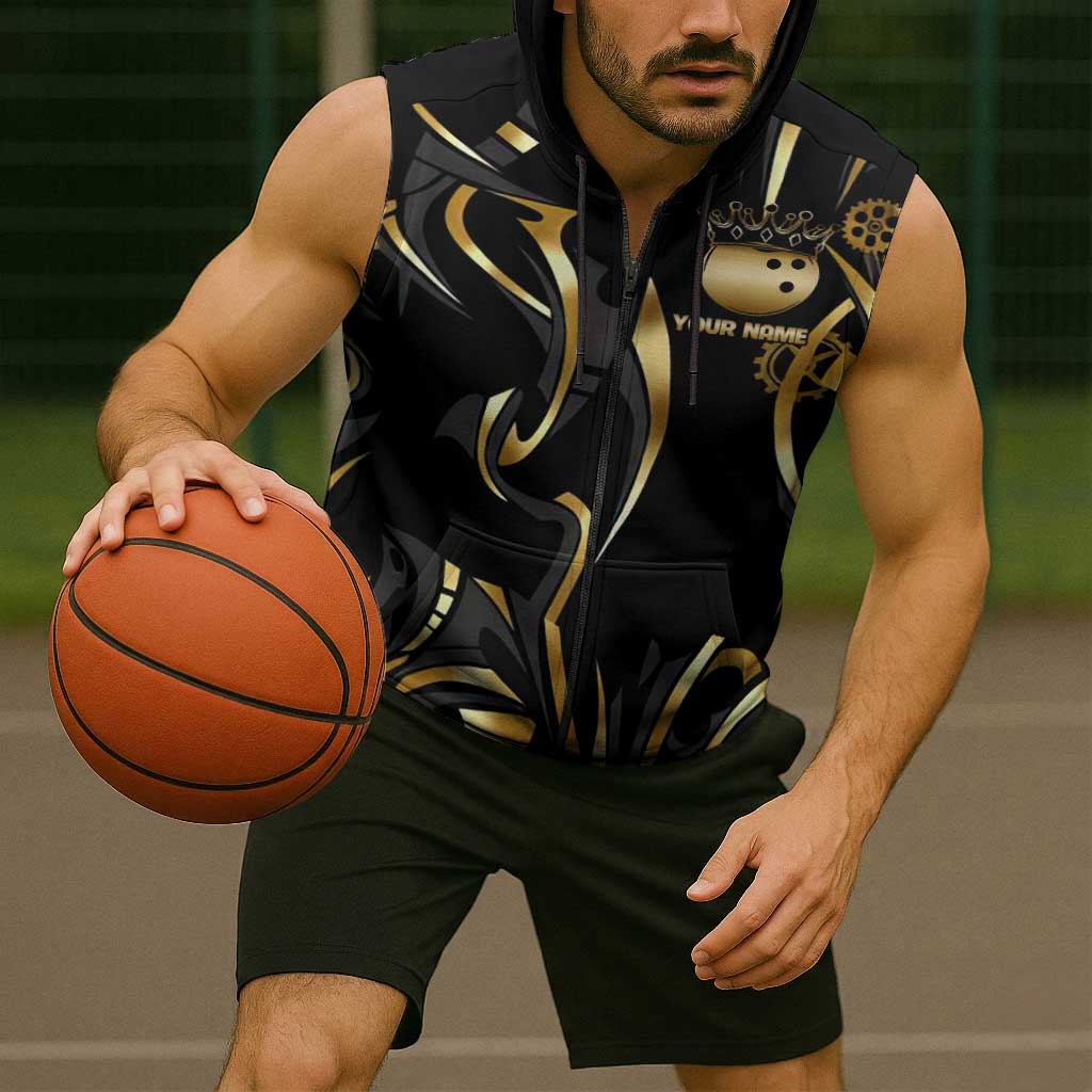 Personalized Golden Tribal Bowling Ball Emblem Sleeveless Zip Hoodie with Black Abstract Metallic Pattern - Wonder Print Shop
