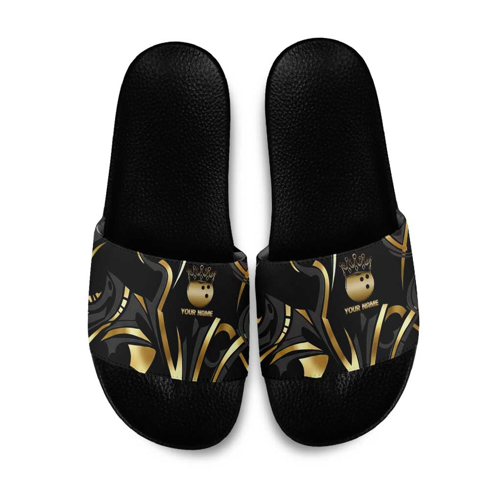 Personalized Golden Tribal Bowling Ball Emblem Slide Sandals with Black Abstract Metallic Pattern - Wonder Print Shop