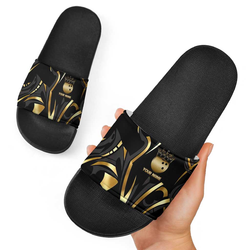 Personalized Golden Tribal Bowling Ball Emblem Slide Sandals with Black Abstract Metallic Pattern - Wonder Print Shop