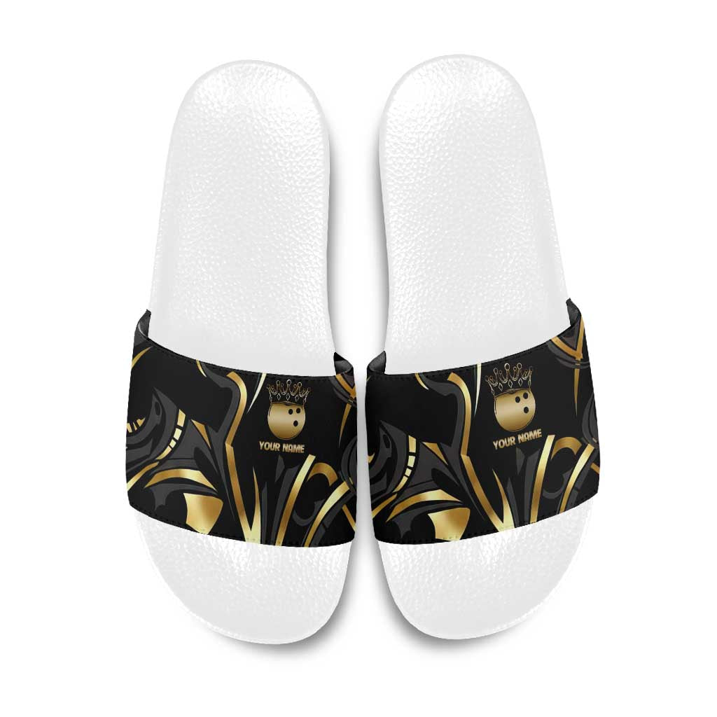Personalized Golden Tribal Bowling Ball Emblem Slide Sandals with Black Abstract Metallic Pattern - Wonder Print Shop