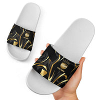 Personalized Golden Tribal Bowling Ball Emblem Slide Sandals with Black Abstract Metallic Pattern - Wonder Print Shop
