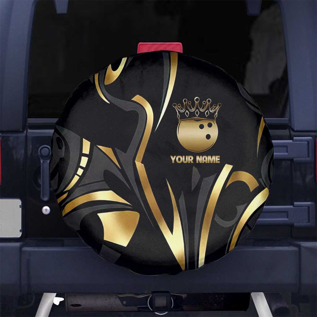 Personalized Golden Tribal Bowling Ball Emblem Spare Tire Cover with Black Abstract Metallic Pattern - Wonder Print Shop
