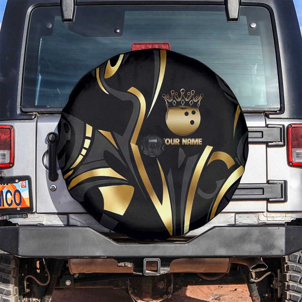 Personalized Golden Tribal Bowling Ball Emblem Spare Tire Cover with Black Abstract Metallic Pattern - Wonder Print Shop