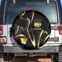 Personalized Golden Tribal Bowling Ball Emblem Spare Tire Cover with Black Abstract Metallic Pattern - Wonder Print Shop
