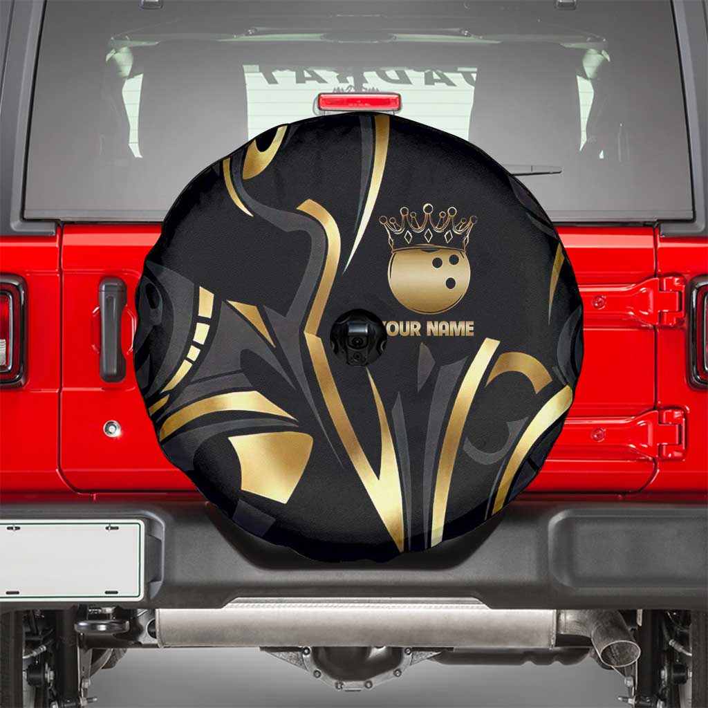 Personalized Golden Tribal Bowling Ball Emblem Spare Tire Cover with Black Abstract Metallic Pattern - Wonder Print Shop