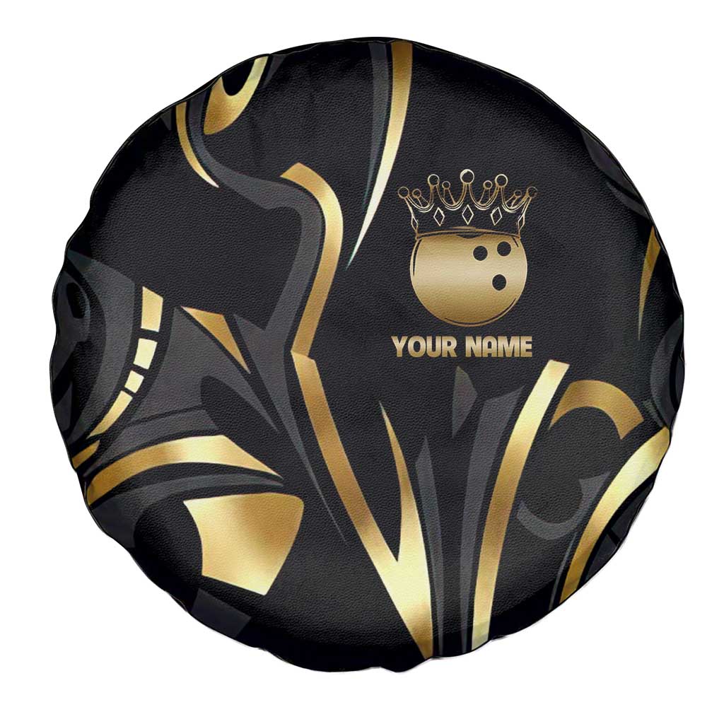 Personalized Golden Tribal Bowling Ball Emblem Spare Tire Cover with Black Abstract Metallic Pattern - Wonder Print Shop
