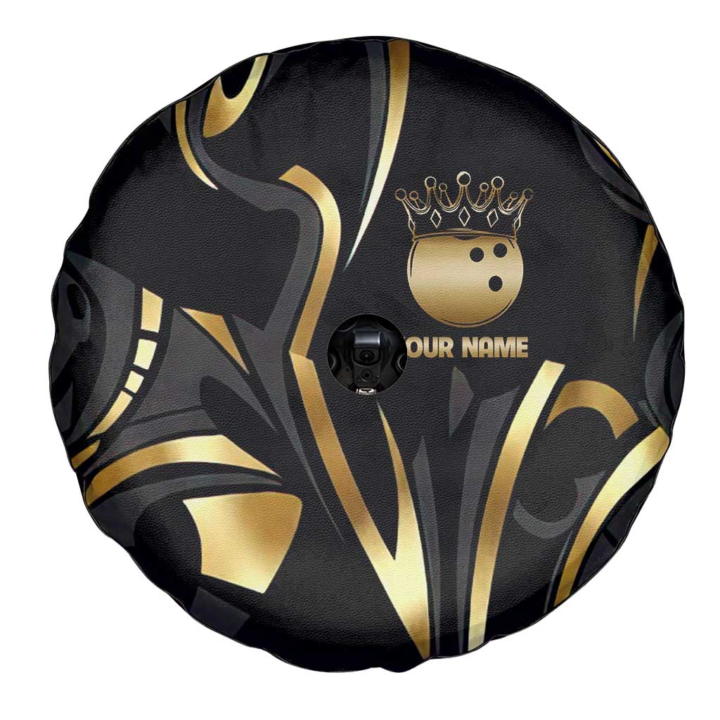 Personalized Golden Tribal Bowling Ball Emblem Spare Tire Cover with Black Abstract Metallic Pattern - Wonder Print Shop