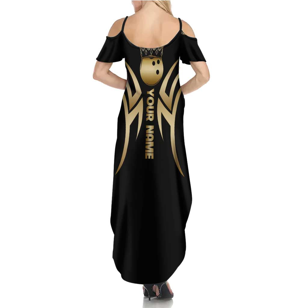 Personalized Golden Tribal Bowling Ball Emblem Summer Maxi Dress with Black Abstract Metallic Pattern - Wonder Print Shop