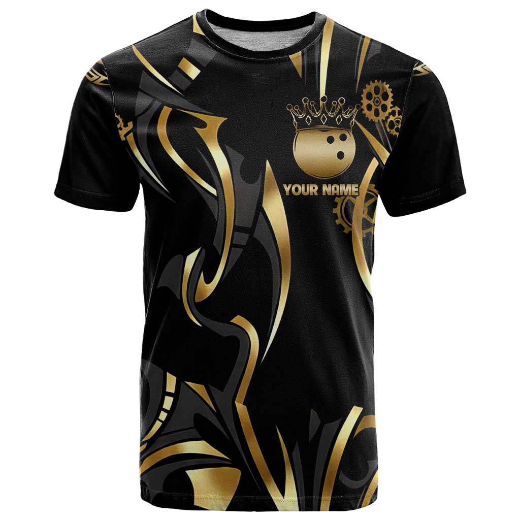 Personalized Golden Tribal Bowling Ball Emblem T Shirt with Black Abstract Metallic Pattern - Wonder Print Shop