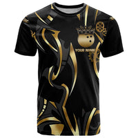 Personalized Golden Tribal Bowling Ball Emblem T Shirt with Black Abstract Metallic Pattern - Wonder Print Shop