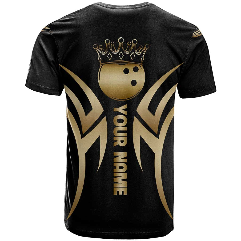Personalized Golden Tribal Bowling Ball Emblem T Shirt with Black Abstract Metallic Pattern - Wonder Print Shop