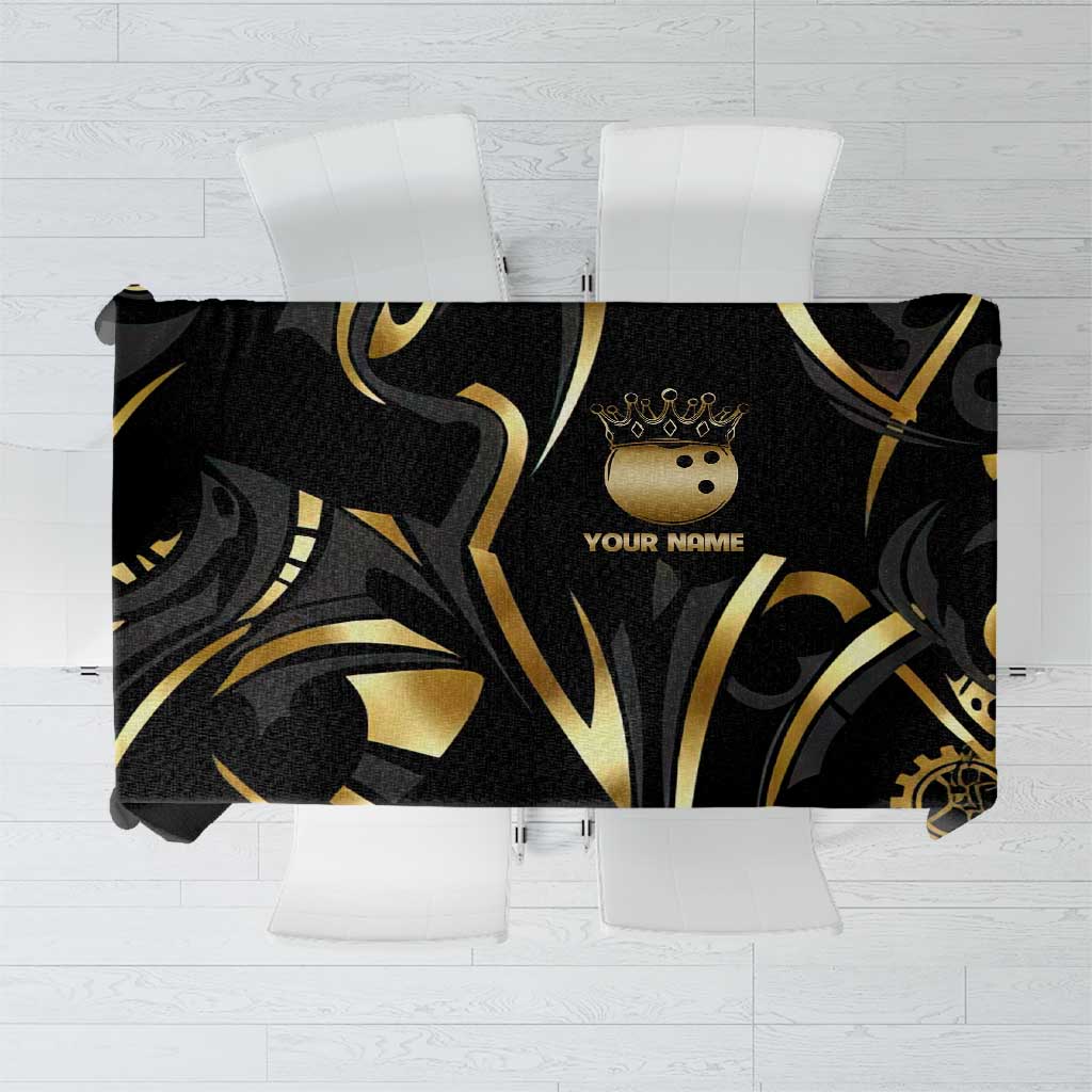 Personalized Golden Tribal Bowling Ball Emblem Tablecloth with Black Abstract Metallic Pattern - Wonder Print Shop