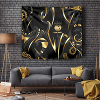 Personalized Golden Tribal Bowling Ball Emblem Tapestry with Black Abstract Metallic Pattern - Wonder Print Shop