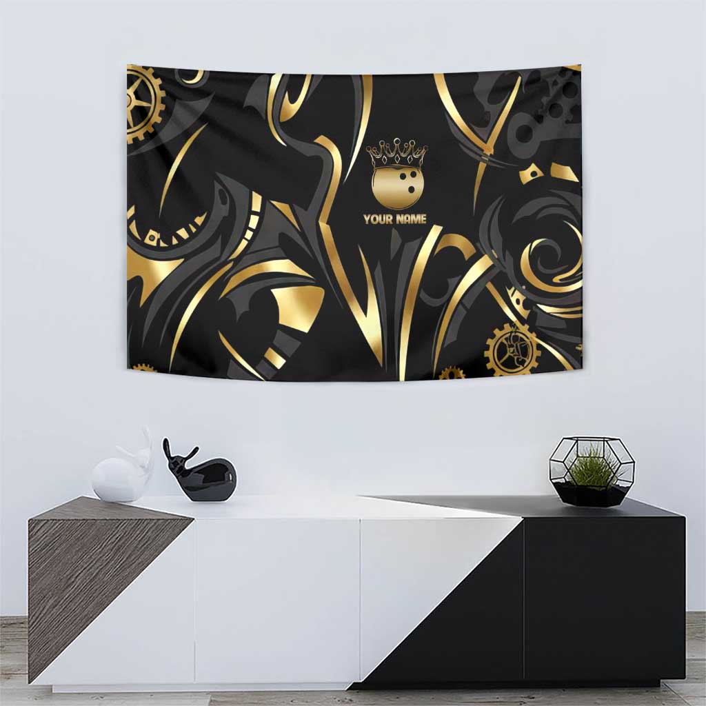 Personalized Golden Tribal Bowling Ball Emblem Tapestry with Black Abstract Metallic Pattern - Wonder Print Shop