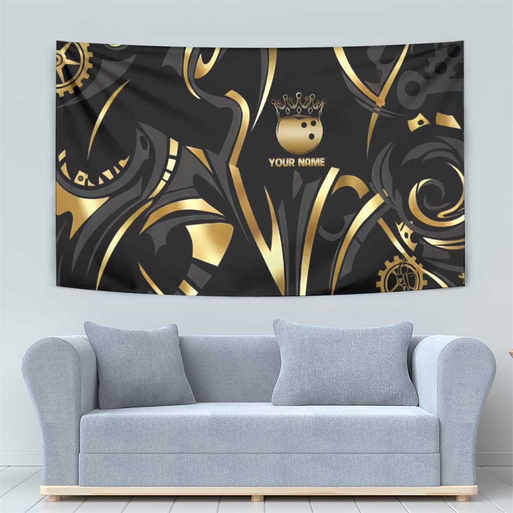 Personalized Golden Tribal Bowling Ball Emblem Tapestry with Black Abstract Metallic Pattern - Wonder Print Shop
