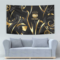 Personalized Golden Tribal Bowling Ball Emblem Tapestry with Black Abstract Metallic Pattern - Wonder Print Shop