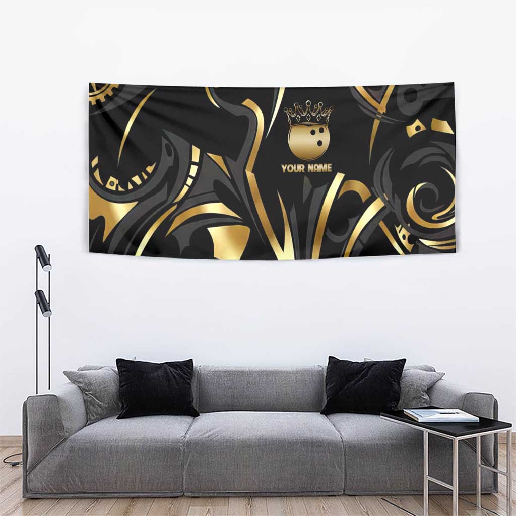Personalized Golden Tribal Bowling Ball Emblem Tapestry with Black Abstract Metallic Pattern - Wonder Print Shop
