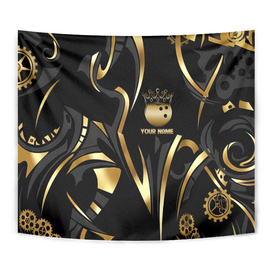 Personalized Golden Tribal Bowling Ball Emblem Tapestry with Black Abstract Metallic Pattern - Wonder Print Shop