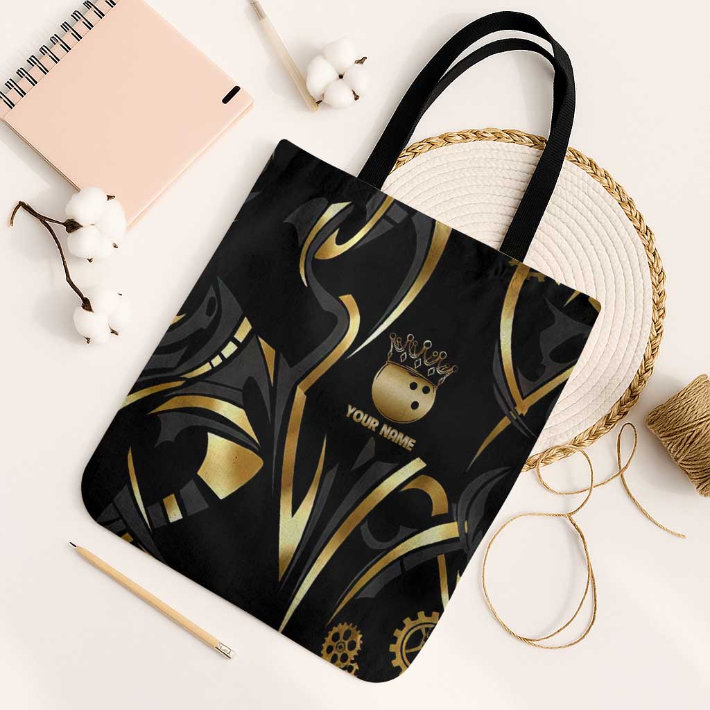 Personalized Golden Tribal Bowling Ball Emblem Tote Bag with Black Abstract Metallic Pattern - Wonder Print Shop