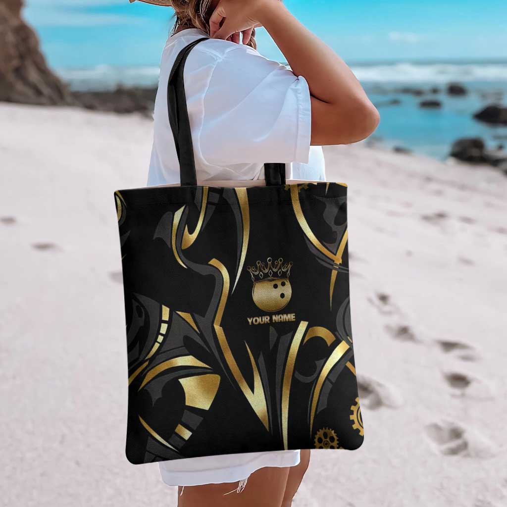 Personalized Golden Tribal Bowling Ball Emblem Tote Bag with Black Abstract Metallic Pattern - Wonder Print Shop