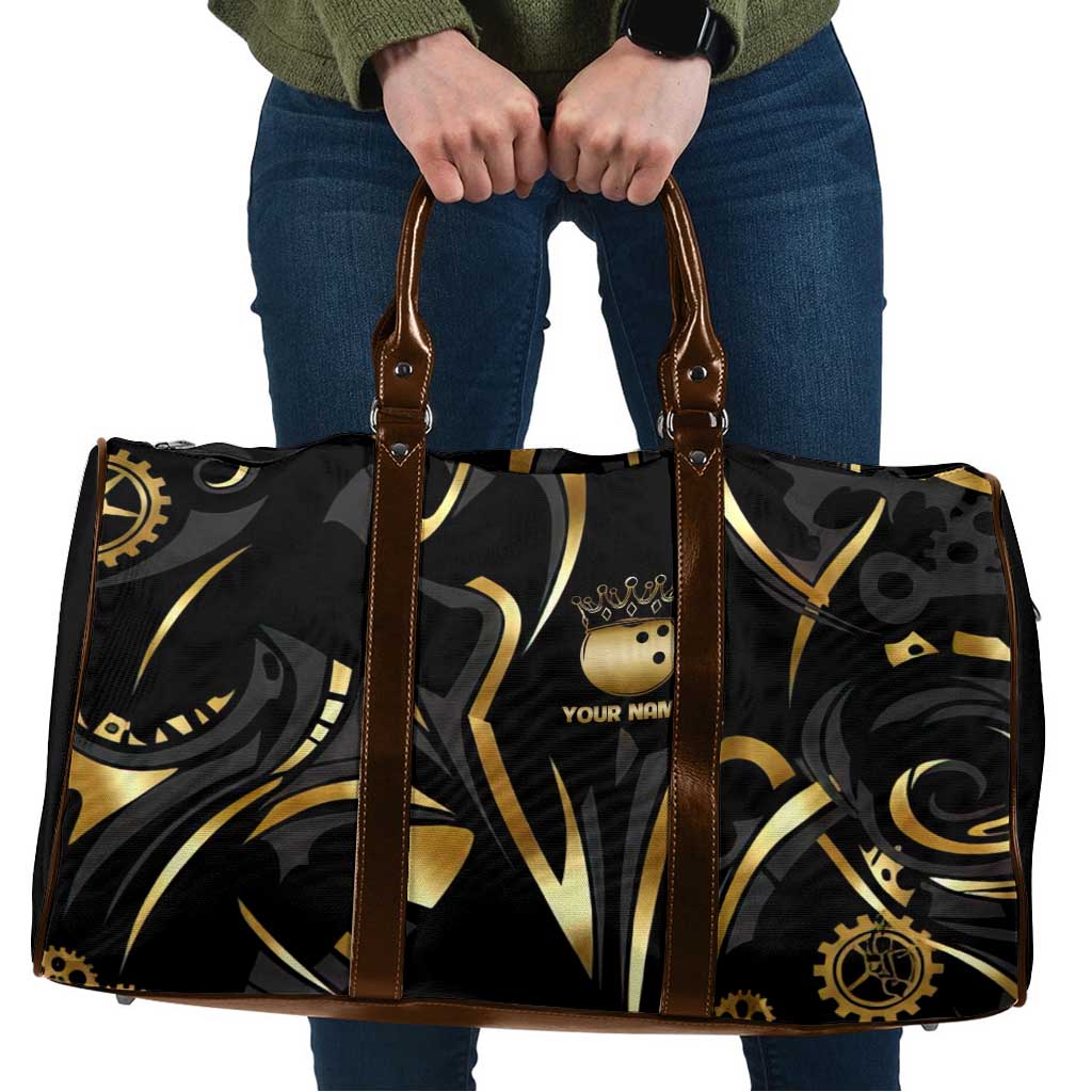 Personalized Golden Tribal Bowling Ball Emblem Travel Bag with Black Abstract Metallic Pattern - Wonder Print Shop