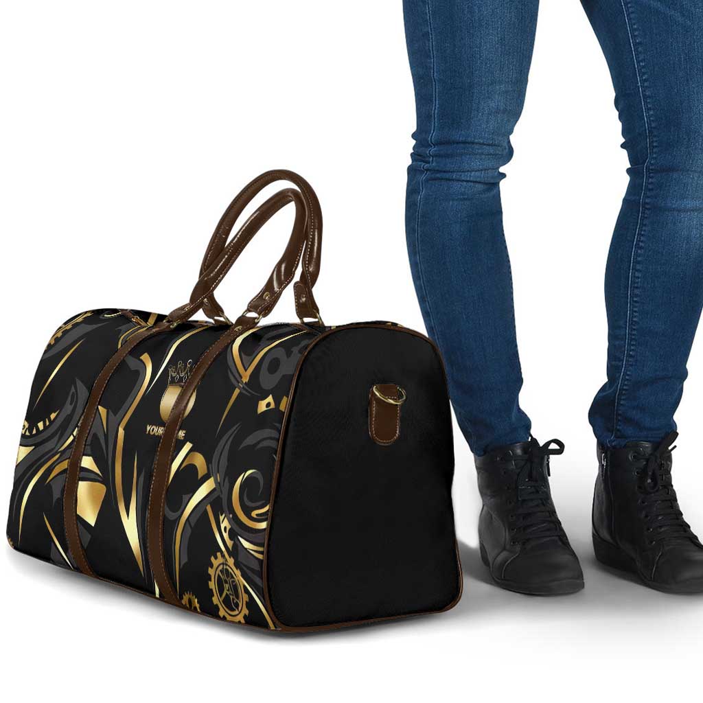 Personalized Golden Tribal Bowling Ball Emblem Travel Bag with Black Abstract Metallic Pattern - Wonder Print Shop