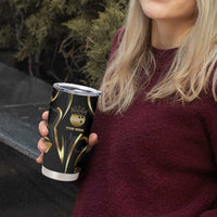 Personalized Golden Tribal Bowling Ball Emblem Tumbler Cup with Black Abstract Metallic Pattern - Wonder Print Shop
