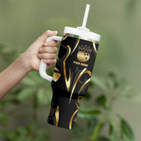 Personalized Golden Tribal Bowling Ball Emblem Tumbler With Handle with Black Abstract Metallic Pattern - Wonder Print Shop