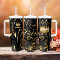 Personalized Golden Tribal Bowling Ball Emblem Tumbler With Handle with Black Abstract Metallic Pattern - Wonder Print Shop