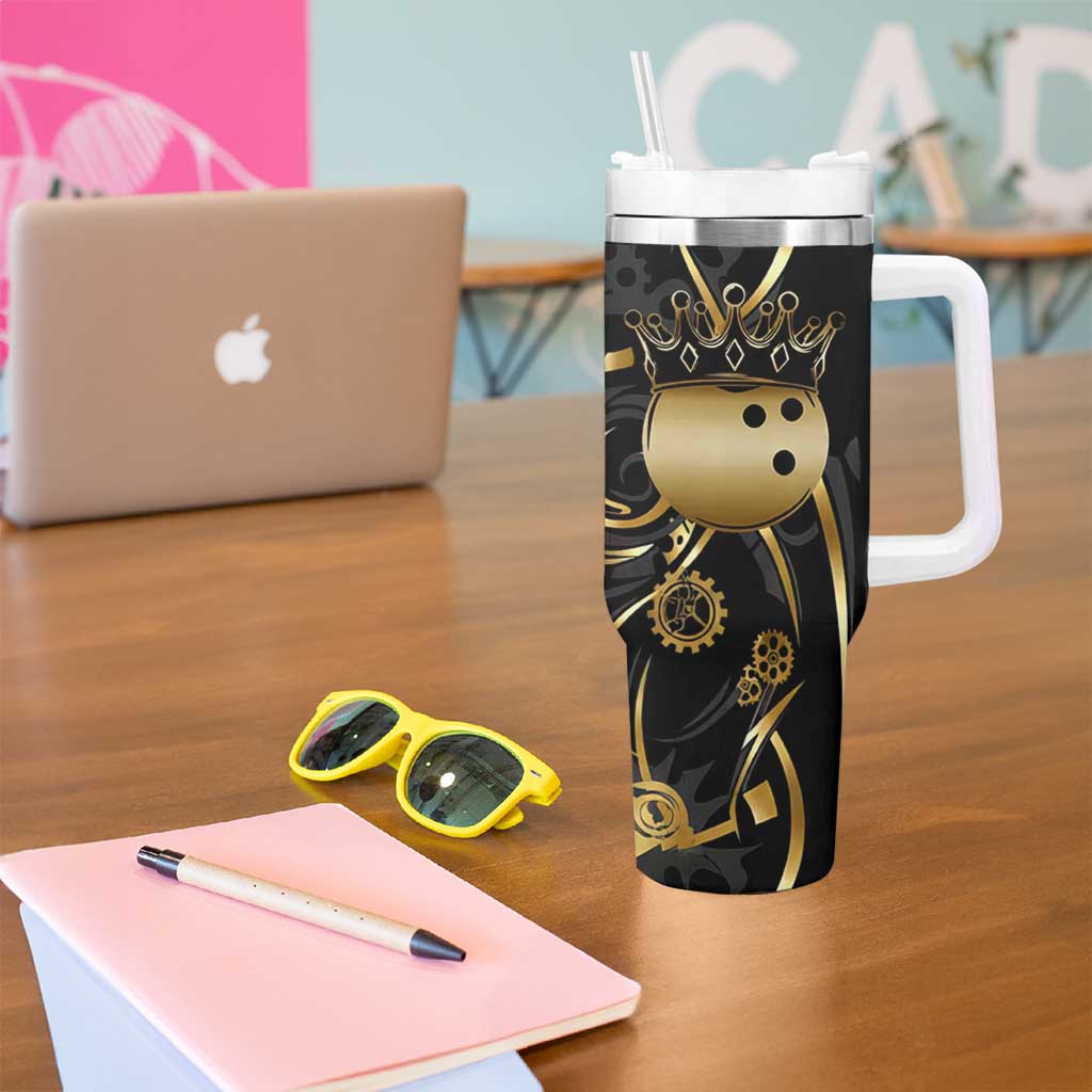 Personalized Golden Tribal Bowling Ball Emblem Tumbler With Handle with Black Abstract Metallic Pattern - Wonder Print Shop