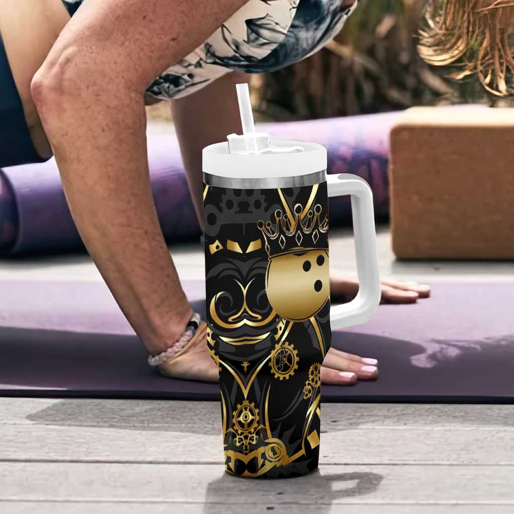 Personalized Golden Tribal Bowling Ball Emblem Tumbler With Handle with Black Abstract Metallic Pattern - Wonder Print Shop