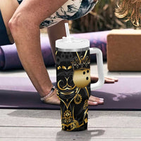 Personalized Golden Tribal Bowling Ball Emblem Tumbler With Handle with Black Abstract Metallic Pattern - Wonder Print Shop