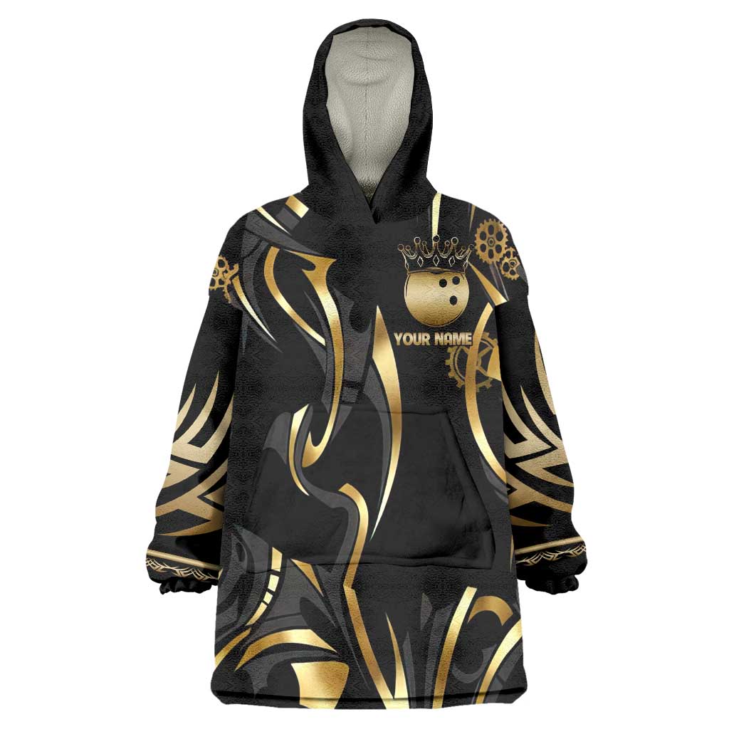 Personalized Golden Tribal Bowling Ball Emblem Wearable Blanket Hoodie with Black Abstract Metallic Pattern - Wonder Print Shop