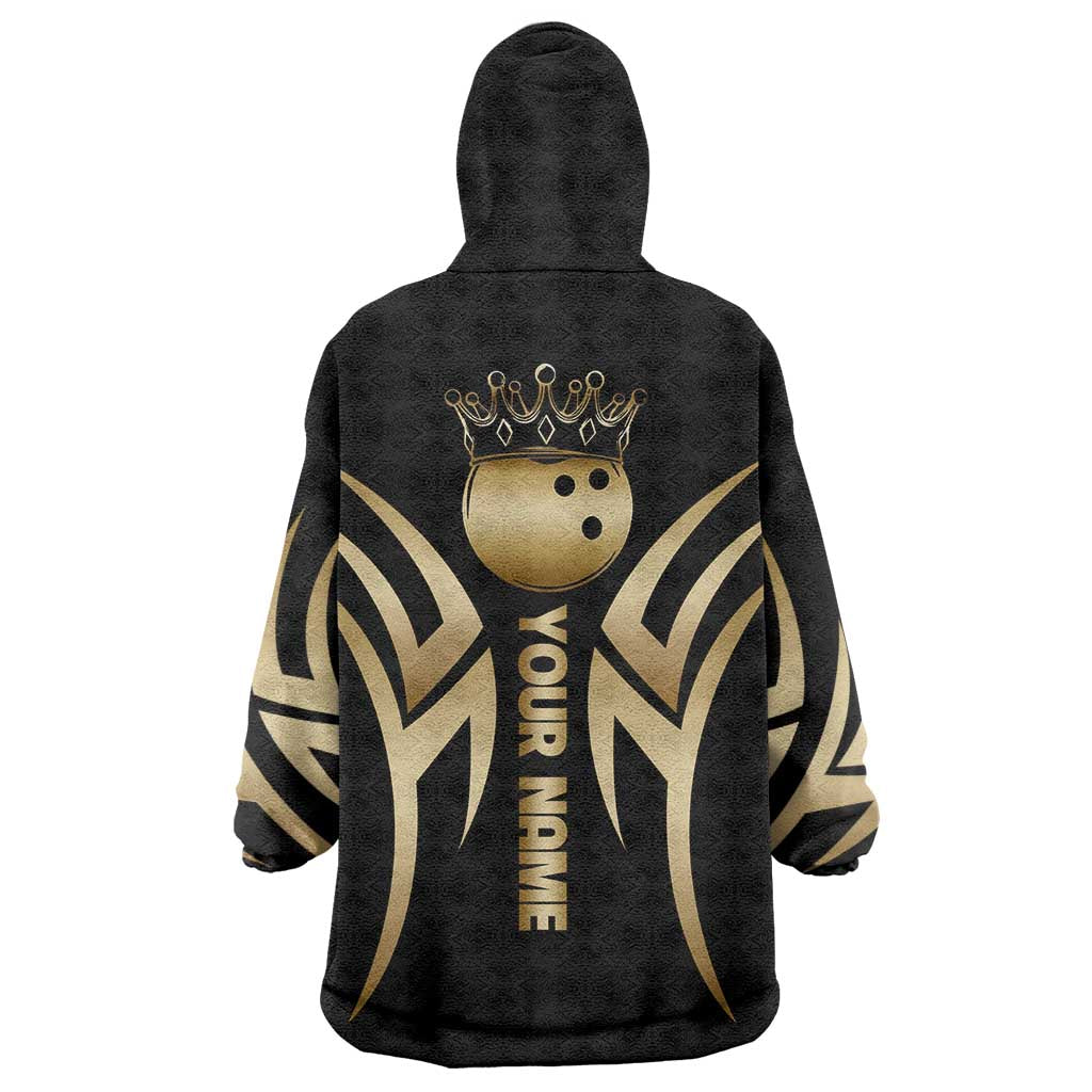 Personalized Golden Tribal Bowling Ball Emblem Wearable Blanket Hoodie with Black Abstract Metallic Pattern - Wonder Print Shop