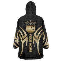 Personalized Golden Tribal Bowling Ball Emblem Wearable Blanket Hoodie with Black Abstract Metallic Pattern - Wonder Print Shop