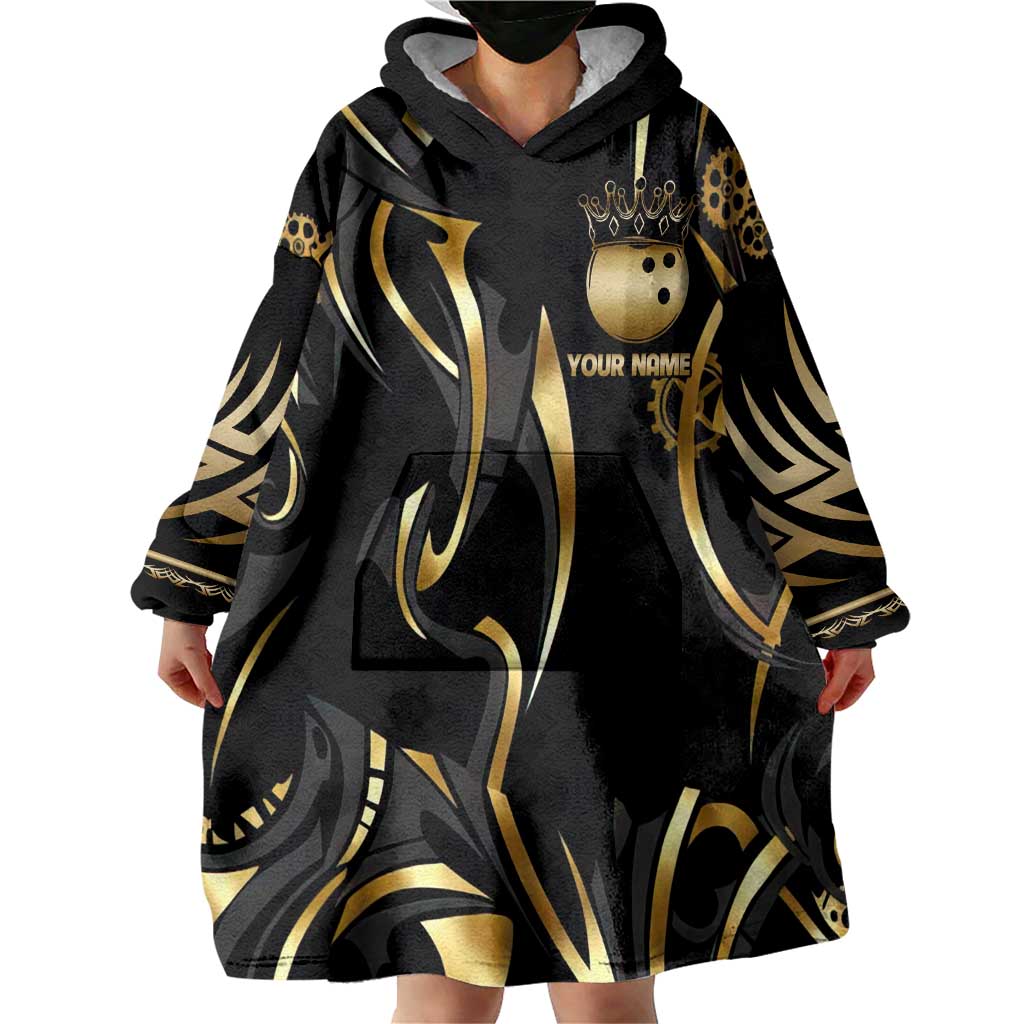 Personalized Golden Tribal Bowling Ball Emblem Wearable Blanket Hoodie with Black Abstract Metallic Pattern - Wonder Print Shop