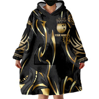 Personalized Golden Tribal Bowling Ball Emblem Wearable Blanket Hoodie with Black Abstract Metallic Pattern - Wonder Print Shop