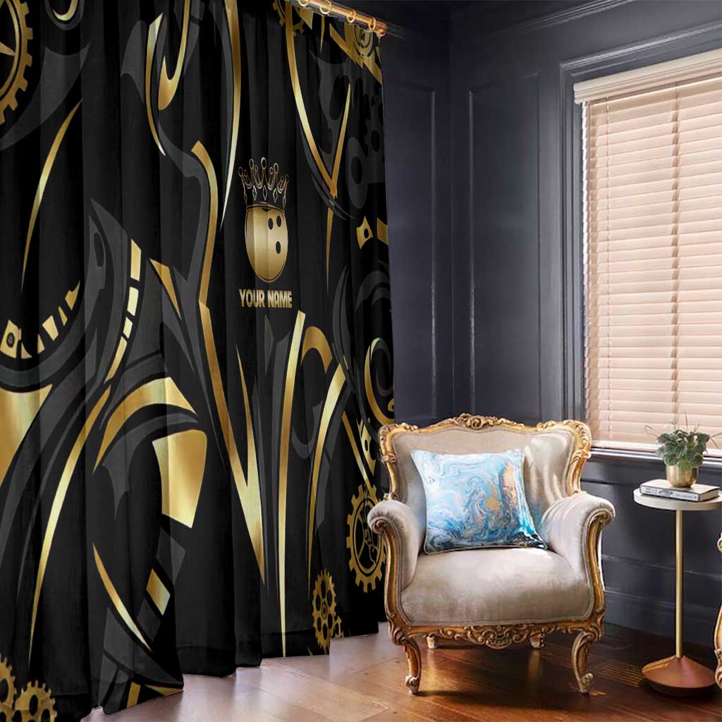 Personalized Golden Tribal Bowling Ball Emblem Window Curtain with Black Abstract Metallic Pattern - Wonder Print Shop