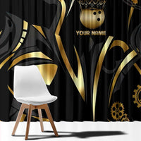 Personalized Golden Tribal Bowling Ball Emblem Window Curtain with Black Abstract Metallic Pattern - Wonder Print Shop