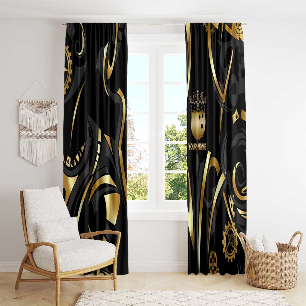 Personalized Golden Tribal Bowling Ball Emblem Window Curtain with Black Abstract Metallic Pattern - Wonder Print Shop