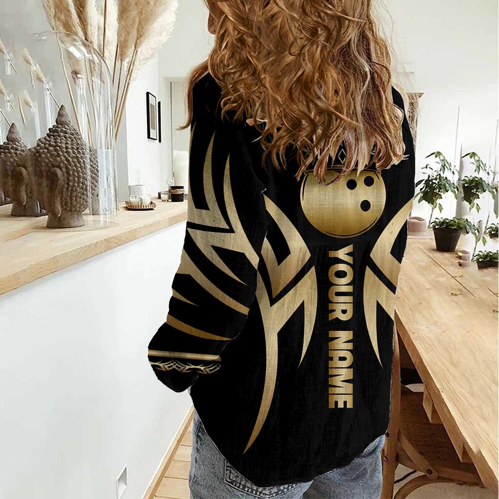 Personalized Golden Tribal Bowling Ball Emblem Women Casual Shirt with Black Abstract Metallic Pattern - Wonder Print Shop