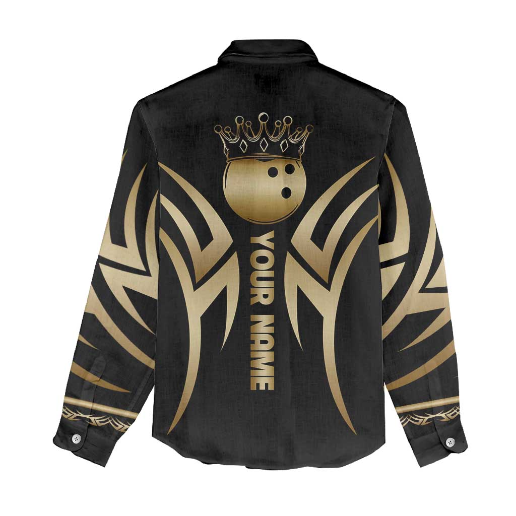 Personalized Golden Tribal Bowling Ball Emblem Women Casual Shirt with Black Abstract Metallic Pattern - Wonder Print Shop