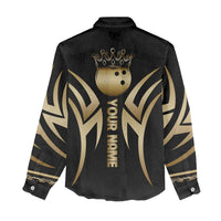 Personalized Golden Tribal Bowling Ball Emblem Women Casual Shirt with Black Abstract Metallic Pattern - Wonder Print Shop