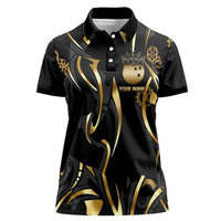 Personalized Golden Tribal Bowling Ball Emblem Women Polo Shirt with Black Abstract Metallic Pattern - Wonder Print Shop