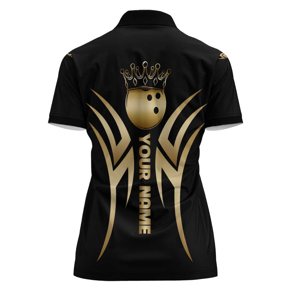 Personalized Golden Tribal Bowling Ball Emblem Women Polo Shirt with Black Abstract Metallic Pattern - Wonder Print Shop