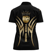 Personalized Golden Tribal Bowling Ball Emblem Women Polo Shirt with Black Abstract Metallic Pattern - Wonder Print Shop