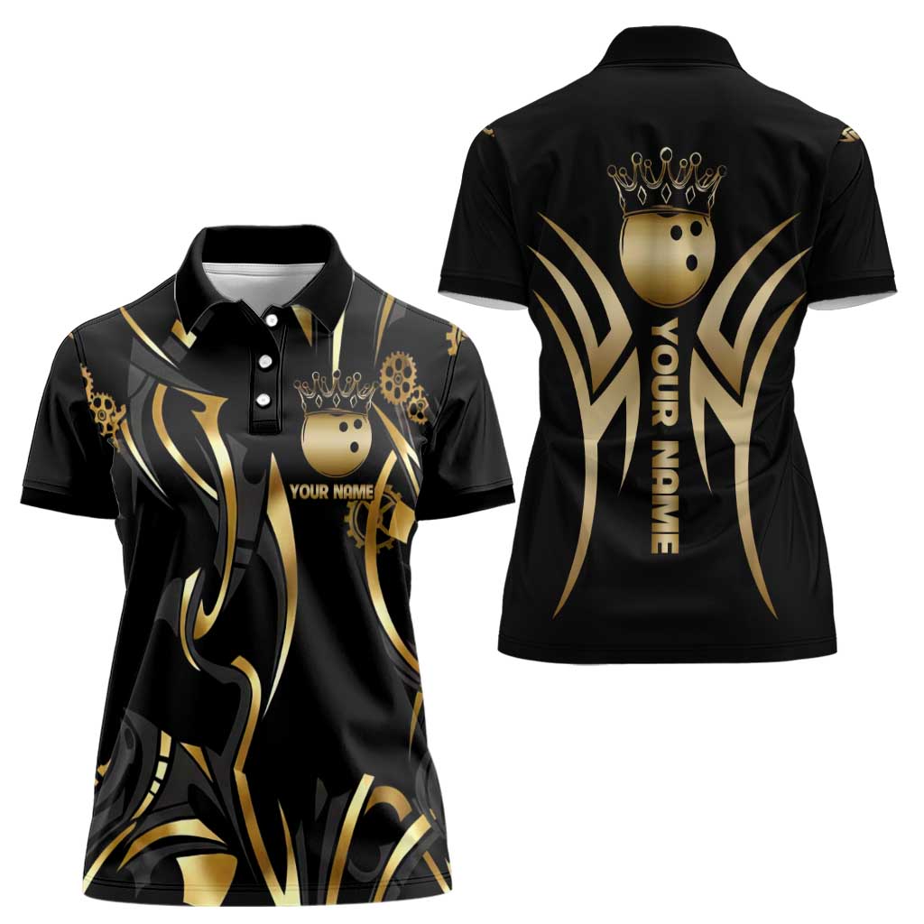Personalized Golden Tribal Bowling Ball Emblem Women Polo Shirt with Black Abstract Metallic Pattern - Wonder Print Shop